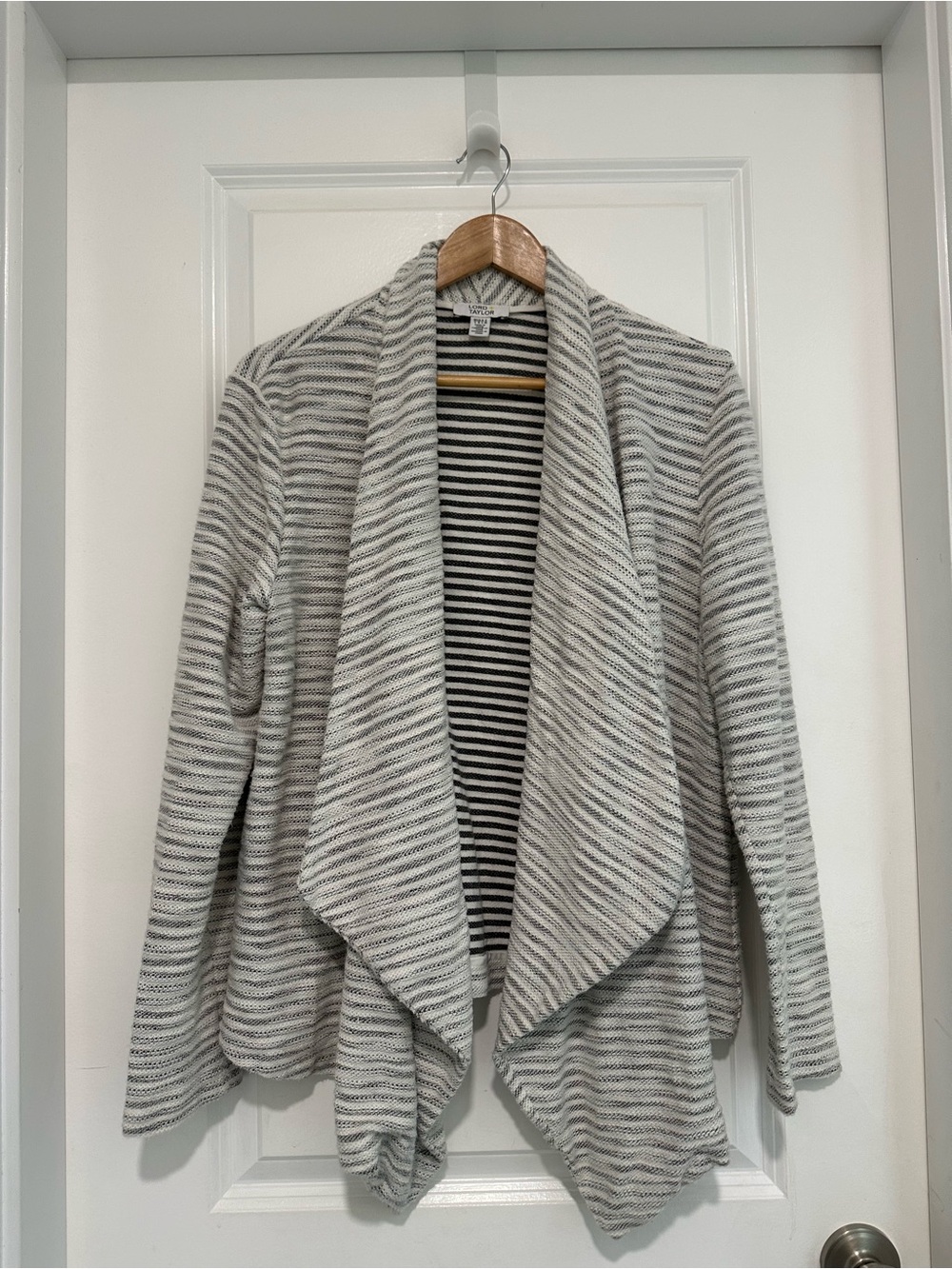 Lord & Taylor Gray and White Striped Draped Open-Front Waterfall Cardigan Size L